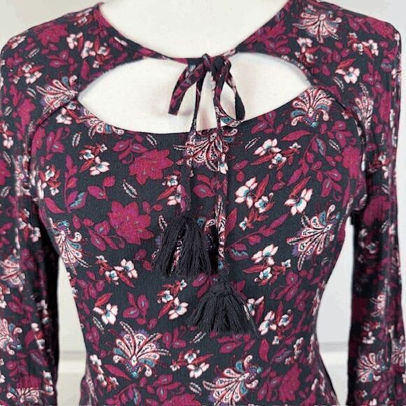 American Eagle Floral Print Mini Dress Black with Purple Tie Front Tassel Medium - Picture 2 of 10